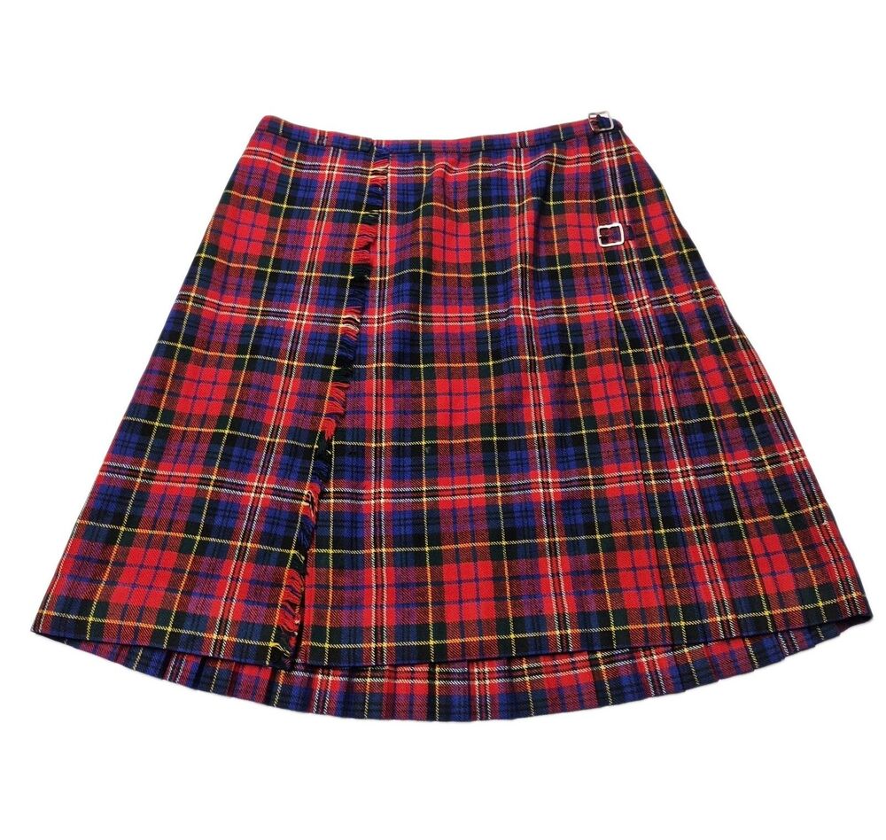 Vintage Mosbrook Wool Tartan Kilt Plaid Pleated Skirt Scottish Wrap Red Blue M